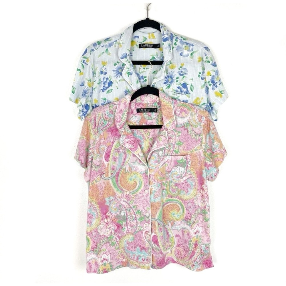 2 Lauren Ralph Lauren Pajama Tops Paisley Floral Short Sleeve LRL Large